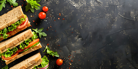Sandwich with cutlet cheese and lettuce on a black stone background 