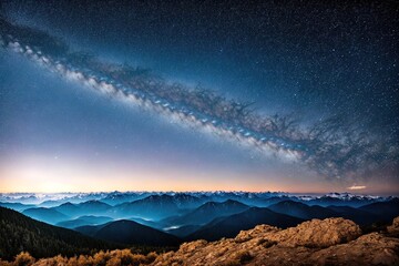 A beautiful sunrise over the mountains, with the Milky Way visible in the sky.