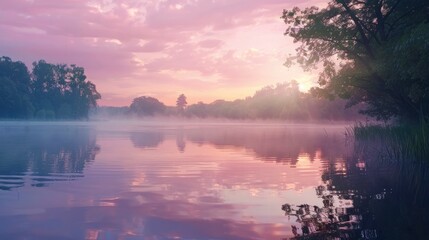 The serene beauty of a mist-covered lake at sunrise, with the surrounding trees partially obscured by the fog. The calm water reflects the soft colors of the morning sky, creating a peaceful dreamlike