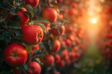 Obraz premium Row of Red Apples Hanging From Tree