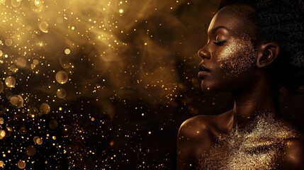 African woman in gold on black background, girl in black dress, Luxury and premium photography for advertising product design, copy space, isolated on golden background - obrazy, fototapety, plakaty
