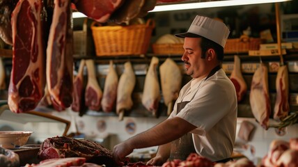 Butcher in white uniform cuts meat shop with hanging poultry and of on display