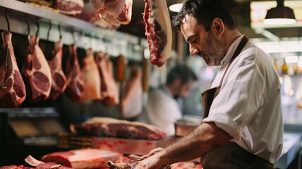 Butcher in apron prepares meat shop with hanging cuts of background
