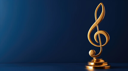 Golden treble clef music award on blue background