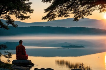 A person meditating on a rock in the middle of a lake at sunrise.