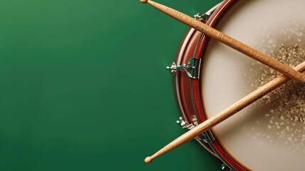 Close-up of snare drum with drumsticks crossed on top against green background