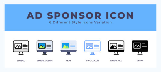 Ad sponsor icon set with different styles. Vector illustration.
