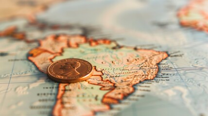 Coin resting on map focused Brazil, symbolizing economy or travel