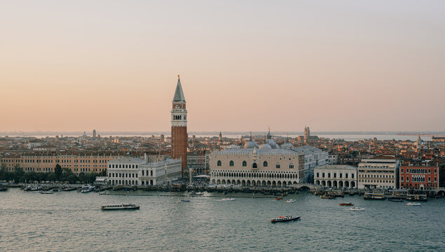 Aerial view of San NArco district and square of Venice during sunset