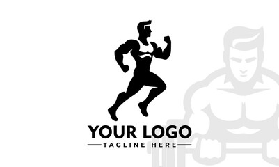 Fototapeta na wymiar Trendy Fitness Branding Flat Design Gym Man Vector Motivational Male Silhouette Logo