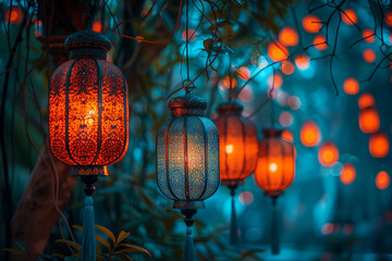 Fototapeta na wymiar A mesmerizing array of colorful lanterns hanging in a starlit night sky, casting gentle glows onto a serene Eid al Fitr backdrop-2