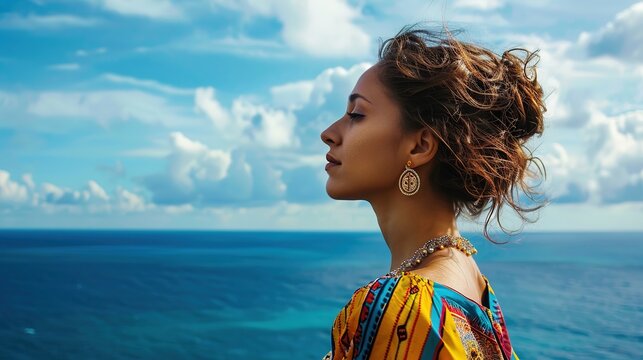 A beautiful young woman with a colorful outfit standing against a deep blue ocean backdrop, real photo, stock photography generative ai images