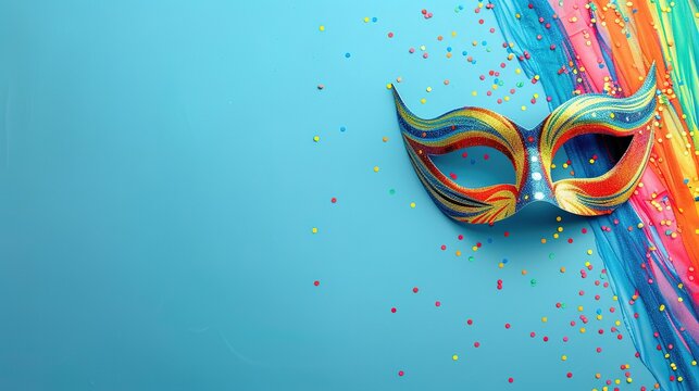Multicolored carnival mask banner, solid color background with space for text  generative ai images