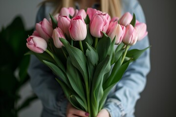 Fototapeta premium Bouquet of delicate pink tulips in the hands of a girl indoors for a holiday, gardener and gardening