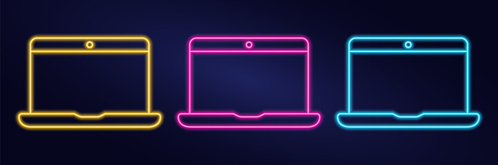 Neon laptop icon on a dark background - pink, blue and yellow. Set Luminescent Computer. Outline Technology with display. Glow Linear Monitor. Lightening effect. Color image. Vector illustration