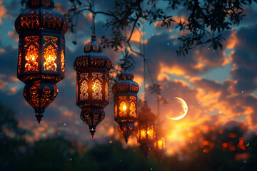 A serene crescent moon amidst a sky adorned with twinkling stars, surrounded by elegant lanterns casting a warm glow-2