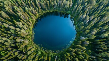Circular lake from a bird's eye view. Surrounding pine forest evokes earth's image.