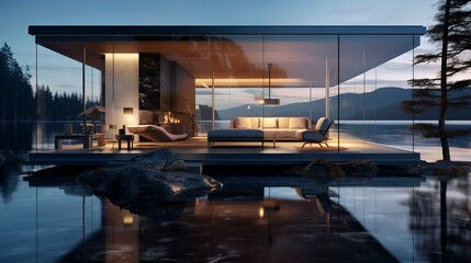 Fototapeta premium A photo of a Minimal Glass Dwelling with Stylish living