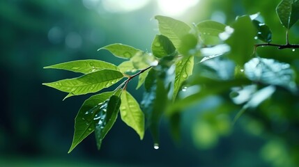 Fresh green leaves with water droplet on blurred greenery nature background. - obrazy, fototapety, plakaty
