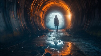 A solitary figure stands at the end of a dark, wet tunnel that is illuminated by a mysterious light at the end, evoking a sense of mystery and exploration