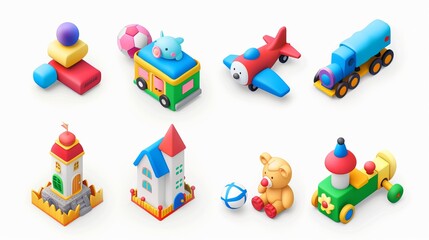 Obraz premium Colorful toy icons for kids, including train, plane, castle, ball, cubes, and teddy bear. Download these 3D vector icons to add a touch of playfulness to your designs.