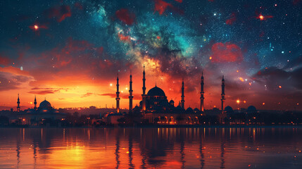 Vibrant mosque silhouettes against a starry sky, radiating Eid Mubarak blessings