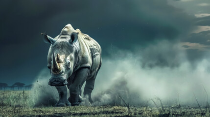 Majestic rhino in misty wilderness - obrazy, fototapety, plakaty