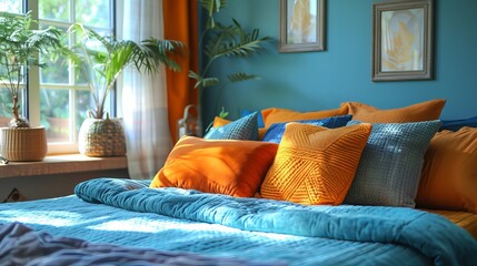 Photograph of a single bed adorned with decorative cushions in a teenager's room.