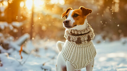 Dog breed Jack Russell Terrier in warm sweater stand against the backdrop of trees in winter garden.