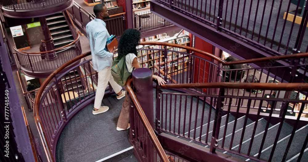 Poster university, students and library walking with books for information, learning or knowledge for acade
