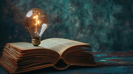 Light bulb and opened vintage book style dark background. knowledge, and searching for new ideas - obrazy, fototapety, plakaty
