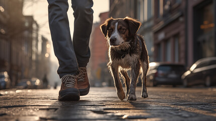 Man takes carnivore companion dog for a walk on city street 
