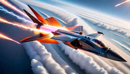 Futuristic fighter jet soaring at high speed through the clouds with dynamic light effects and contrails against a dramatic sky, depicting advanced military technology or sci-fi aerial combat. - obrazy, fototapety, plakaty