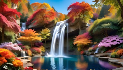 Vibrant autumn landscape with a serene waterfall cascading into a tranquil blue pond, surrounded by colorful foliage and lush greenery.