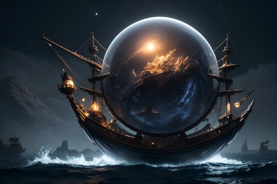 Ship at sea with a large transparent ball