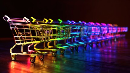 single shopping cart symbols in various glowing colors It is symbolic image related to trading and collecting things,  copy space, isolated on solid background