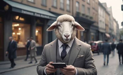 sheep in suit using mobile phone on city street , detailed, 8k uhd, high quality, film grain, canon, 50mm, dramatic light - obrazy, fototapety, plakaty