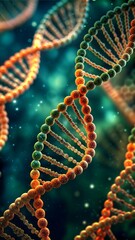 3d illustration of a colorful dna double helix in a dynamic, close-up view with a molecular background