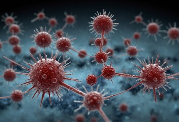 A realistic rendering of virus particles, suggesting a close-up view of a viral infection