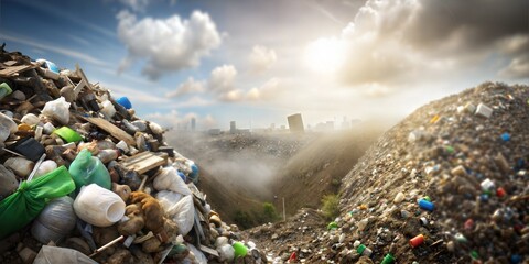 Panoramic view of a cityscape overlooked by massive mounds of recyclable waste under a dramatic sky - obrazy, fototapety, plakaty