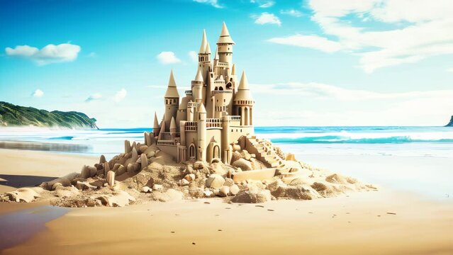 Intricate sand castle on the beach