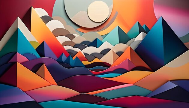 Abstract geometric landscape with colorful paper layers forming mountains and waves under a stylized sun, suitable for creative backgrounds.