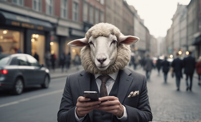 sheep in suit using mobile phone on city street , detailed, 8k uhd, high quality, film grain,...