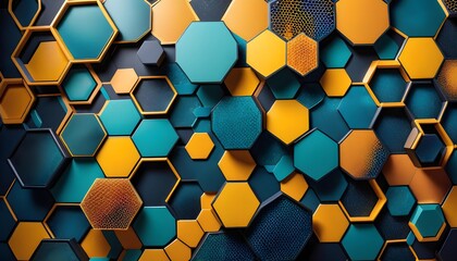 Abstract hexagonal pattern background in blue and gold with a modern, geometric design. Suitable...