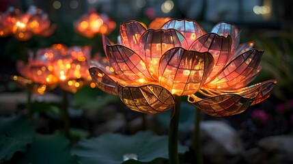 Illuminated Lotus Flower Sculptures Nighttime Garden Display