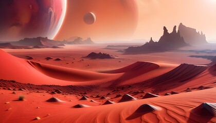 Futuristic alien landscape with red sand dunes, rocky formations, and large planets in the sky, depicting a sci-fi scene on a distant world. - Powered by Adobe