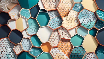 Abstract geometric background of hexagonal tiles in shades of blue, beige, and white with varying patterns and textures. Ideal for modern design concepts. - obrazy, fototapety, plakaty