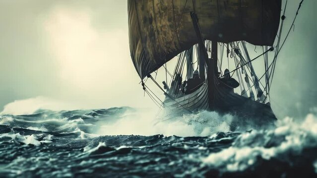 Viking longboat sailing on stormy seas