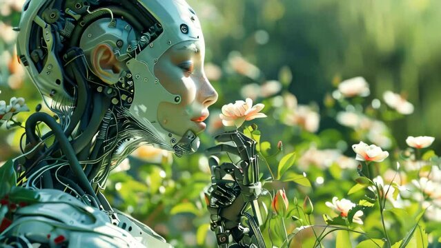 A beautiful female android or robot in the garden, smelling a flower