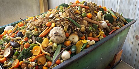 Industrial dumpster filled with a mix of organic waste for composting and recycling